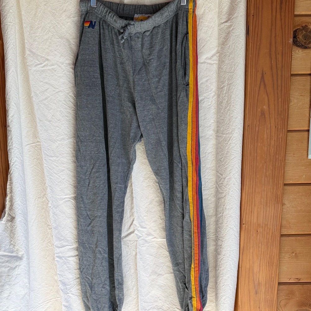 Aviator Nation Gray Joggers with Rainbow Stripes